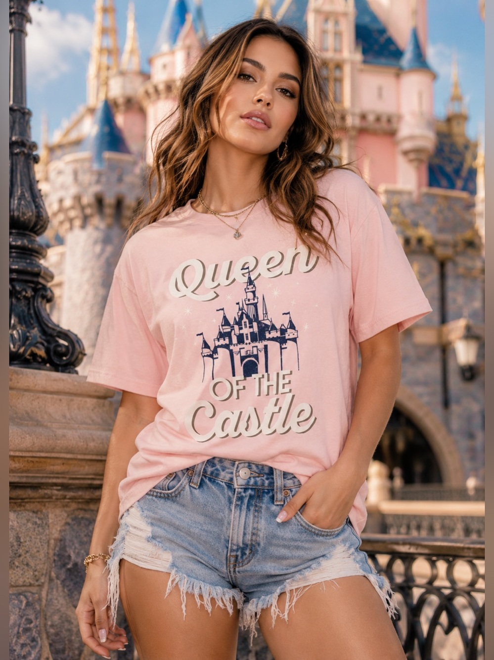 DISNEY PARKS NEW Queen of the Castle Sparkle Tee Pink Castle Princess Sz L Femme